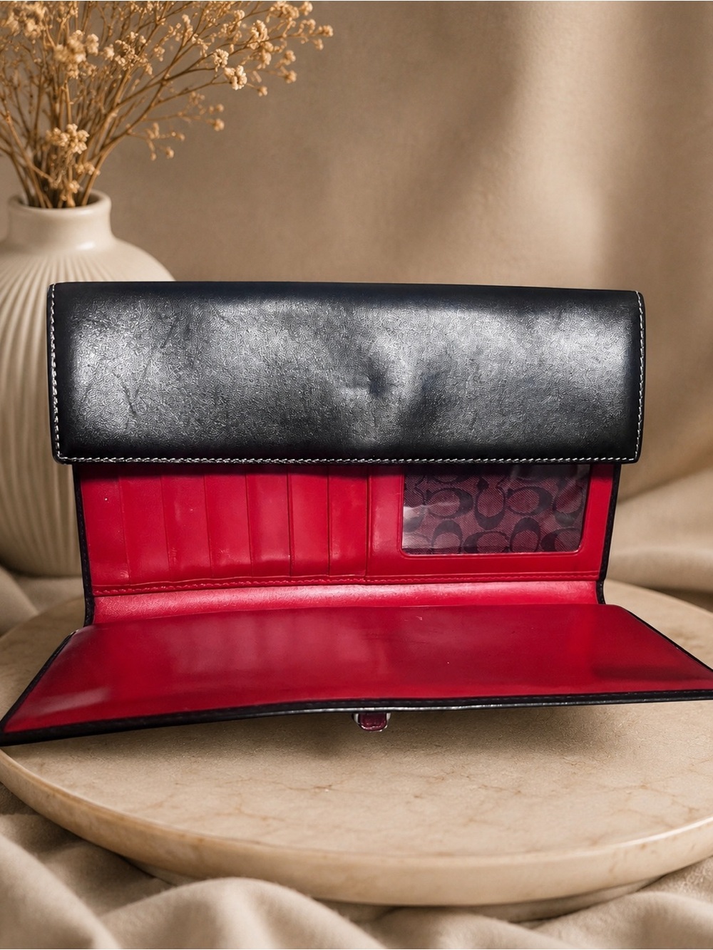 Vintage Coach Scarlet Leather Wallet – Made in Spain Red black  Tri-fold